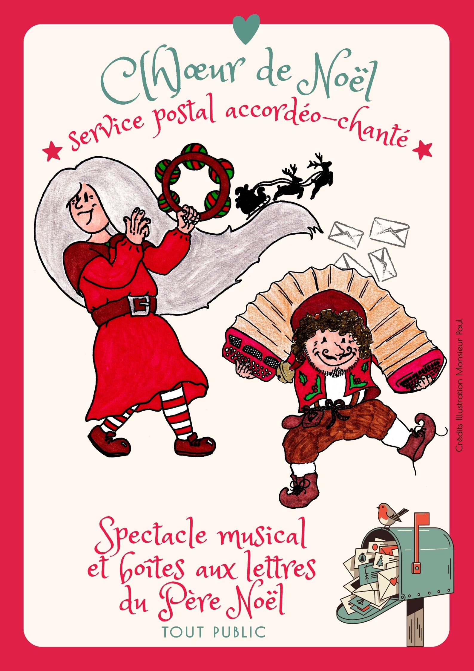 un lutin accordéoniste danse et une fée de noël chante avec son tambourin. La boite aux lettres du père noël déborde de courrier