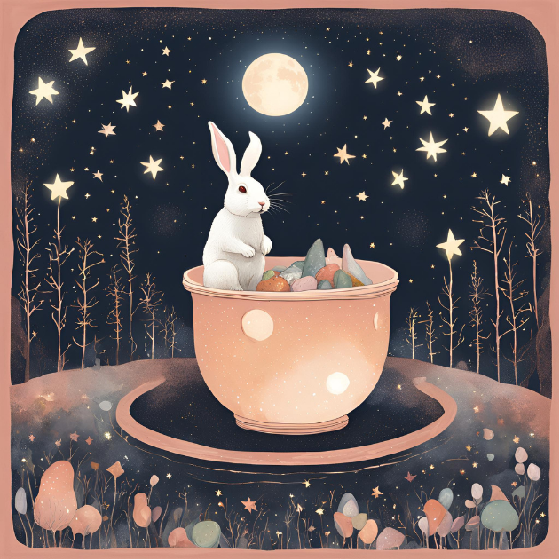 un lapin dans une casserole sous la lune et les étoiles