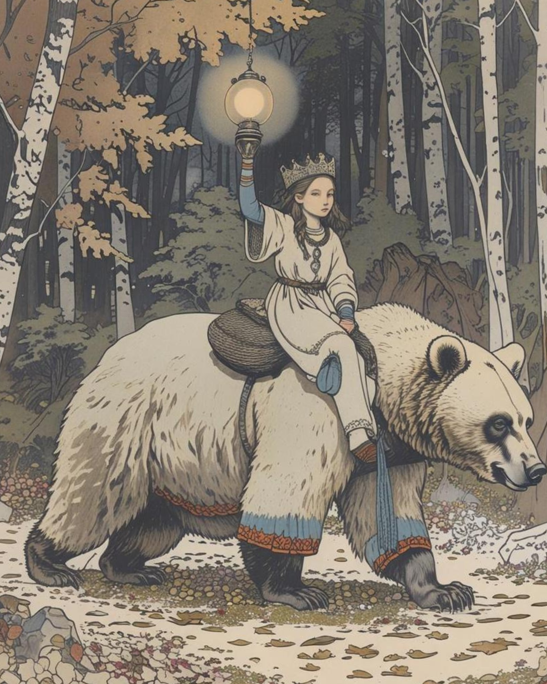 Une jeune fille tenant une lanterne est assise sur un ours blanc magnifique et imposant qui marche dans la forêt.