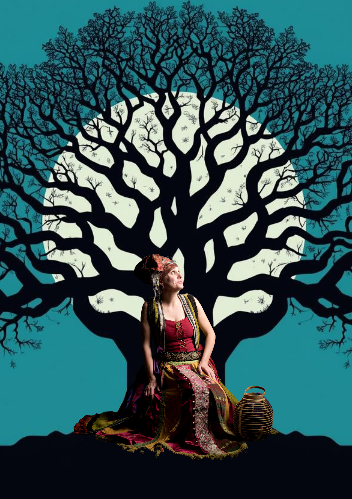 La conteuse Stéphanie Jancar raconte sous une arbre à palabre des contes étiologiques. La lune brille derrière l'arbre.