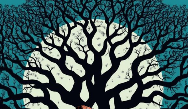 La conteuse Stéphanie Jancar raconte sous une arbre à palabre des contes étiologiques. La lune brille derrière l'arbre.