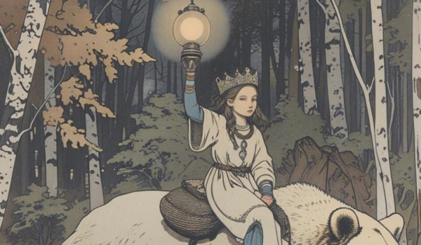 Une jeune fille tenant une lanterne est assise sur un ours blanc magnifique et imposant qui marche dans la forêt.