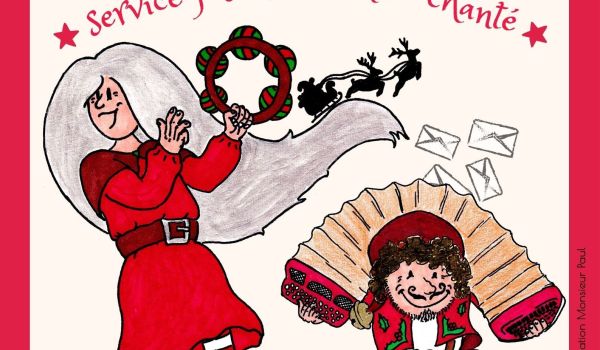 un lutin accordéoniste danse et une fée de noël chante avec son tambourin. La boite aux lettres du père noël déborde de courrier