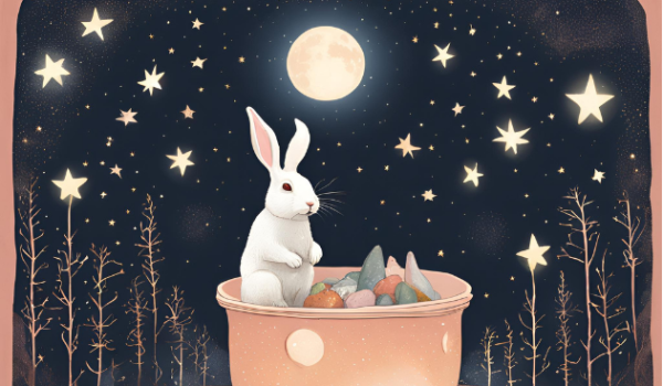 un lapin dans une casserole sous la lune et les étoiles